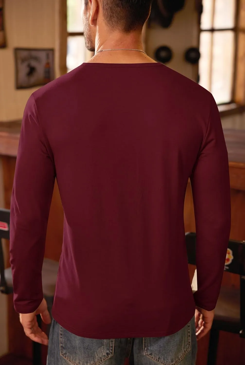 Mens V Neck Shirt Long Sleeve Cotton Casual Soft Slim Fit T-Shirts (S-XXL)