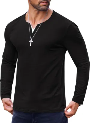 Mens V Neck Shirt Long Sleeve Cotton Casual Soft Slim Fit T-Shirts (S-XXL)
