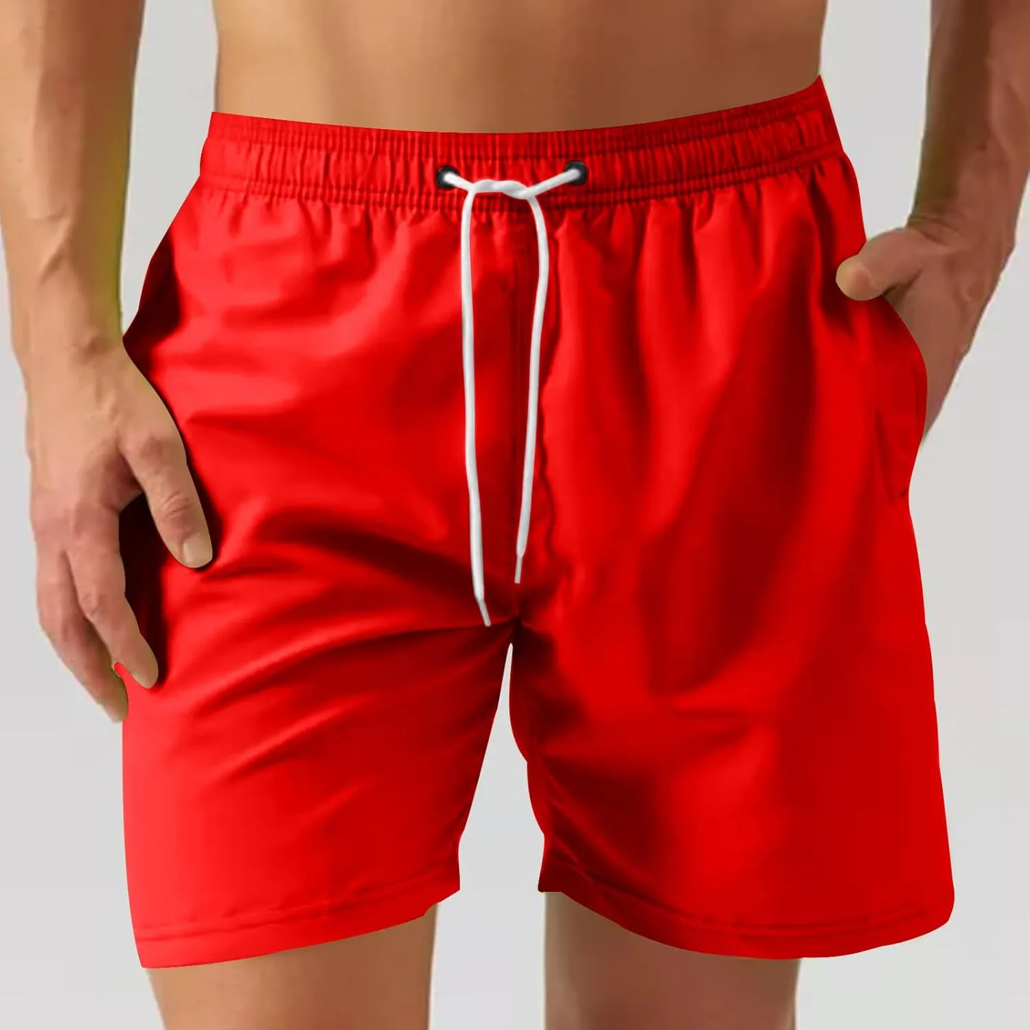 Men's Workout Running Shorts Mesh Lining Quick Dry Shorts Solid Summer Beach Shorts Elastic Waist Drawstring Shorts
