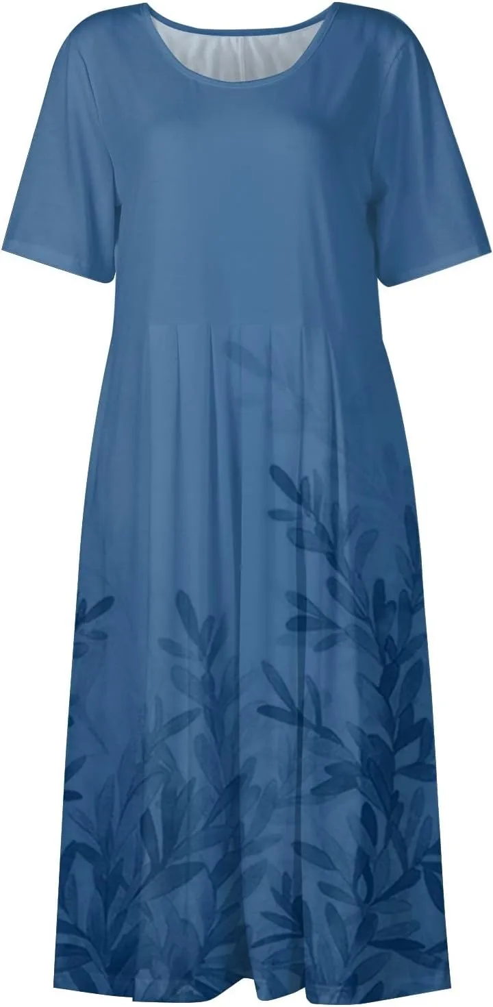 Midi Dress for Women 2025 Summer Casual Short Sleeve Floral A-Line T-Shirt Dress Midi Flowy with Pockets