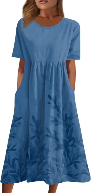 Midi Dress for Women 2025 Summer Casual Short Sleeve Floral A-Line T-Shirt Dress Midi Flowy with Pockets