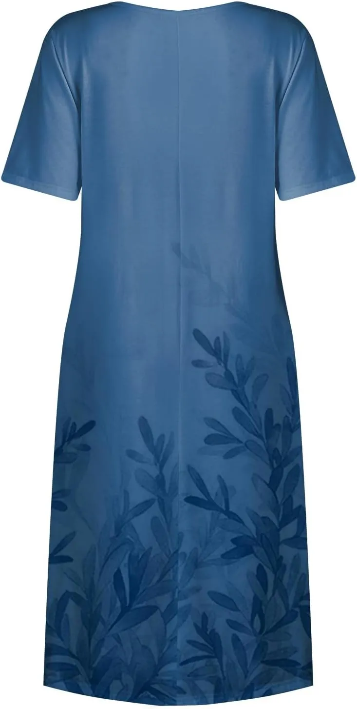 Midi Dress for Women 2025 Summer Casual Short Sleeve Floral A-Line T-Shirt Dress Midi Flowy with Pockets