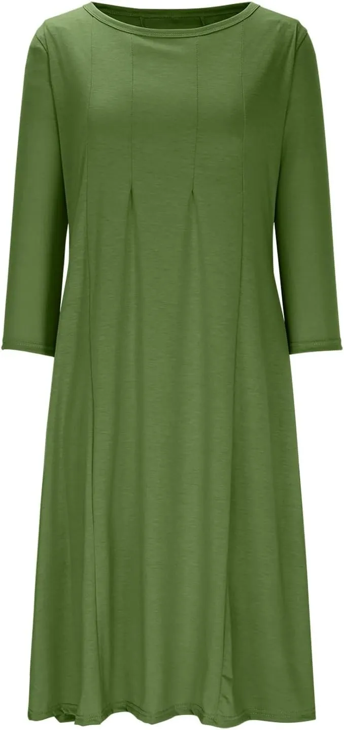 Midi Dresses for Women 2025 Casual Spring Summer Solid 3/4 Sleeve Tshirt Dress Loose Flowy Pleated A Line Swing Dress