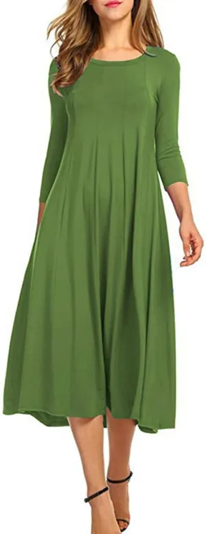 Midi Dresses for Women 2025 Casual Spring Summer Solid 3/4 Sleeve Tshirt Dress Loose Flowy Pleated A Line Swing Dress