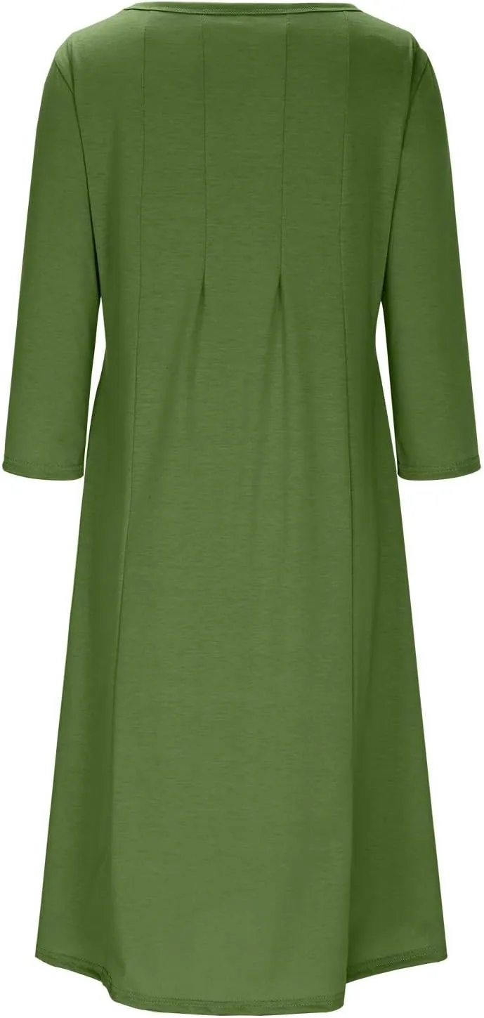 Midi Dresses for Women 2025 Casual Spring Summer Solid 3/4 Sleeve Tshirt Dress Loose Flowy Pleated A Line Swing Dress
