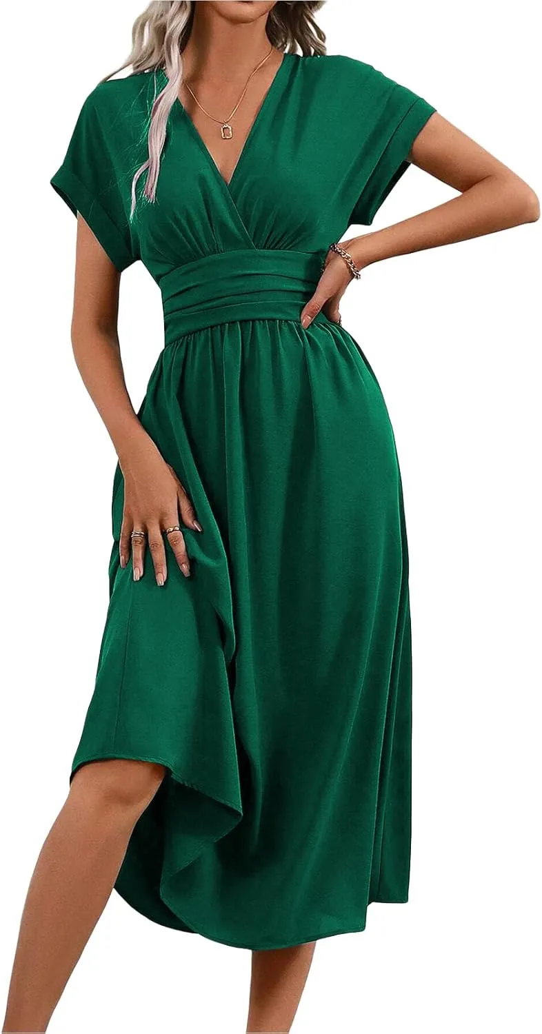 Midi Dresses for Women Fashion Empire Waist Long Dress Summer Short Sleeve Casual Dress Elegant V Neck Wedding Dresses