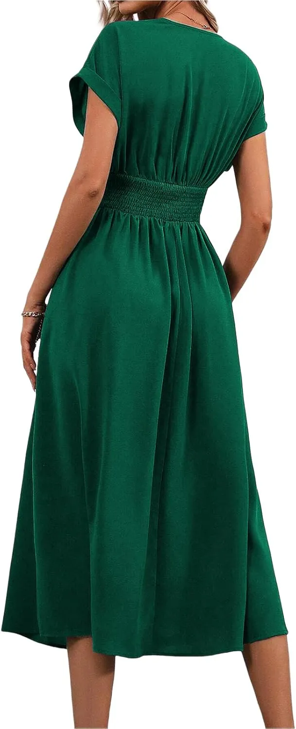 Midi Dresses for Women Fashion Empire Waist Long Dress Summer Short Sleeve Casual Dress Elegant V Neck Wedding Dresses