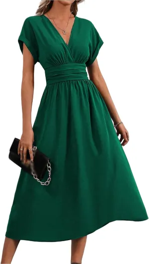 Midi Dresses for Women Fashion Empire Waist Long Dress Summer Short Sleeve Casual Dress Elegant V Neck Wedding Dresses