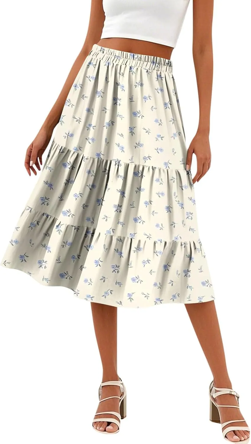 Midi Skirts for Women Summer Elastic High Waisted Floral Skirt Trendy Ruffle Tiered Cute Boho Skirt with Pockets