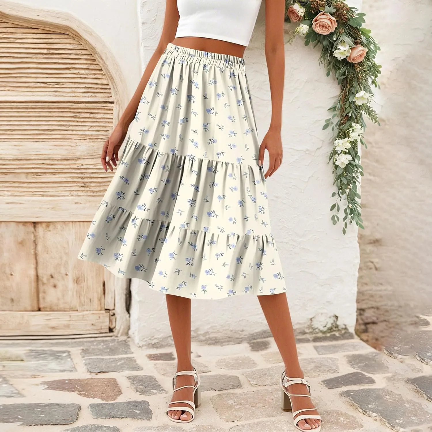 Midi Skirts for Women Summer Elastic High Waisted Floral Skirt Trendy Ruffle Tiered Cute Boho Skirt with Pockets