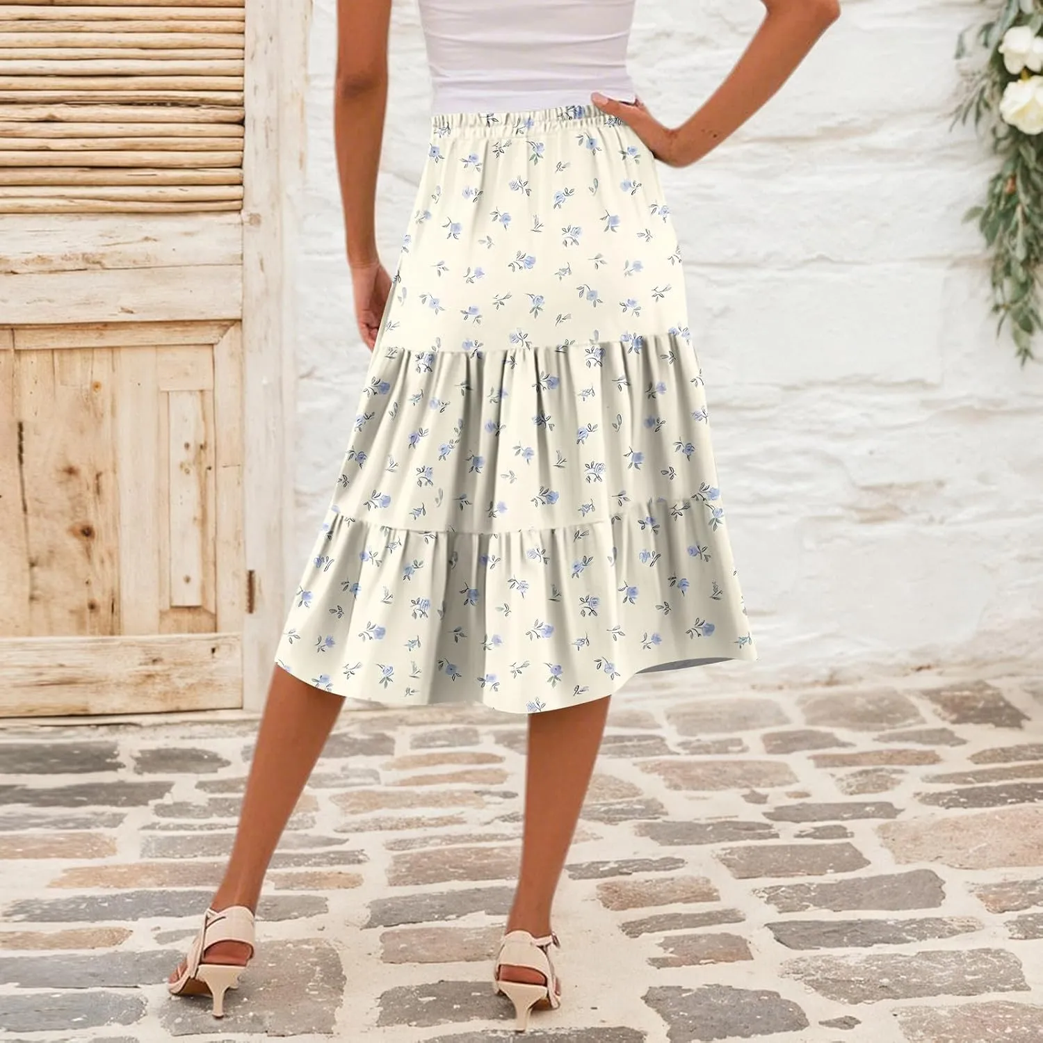 Midi Skirts for Women Summer Elastic High Waisted Floral Skirt Trendy Ruffle Tiered Cute Boho Skirt with Pockets