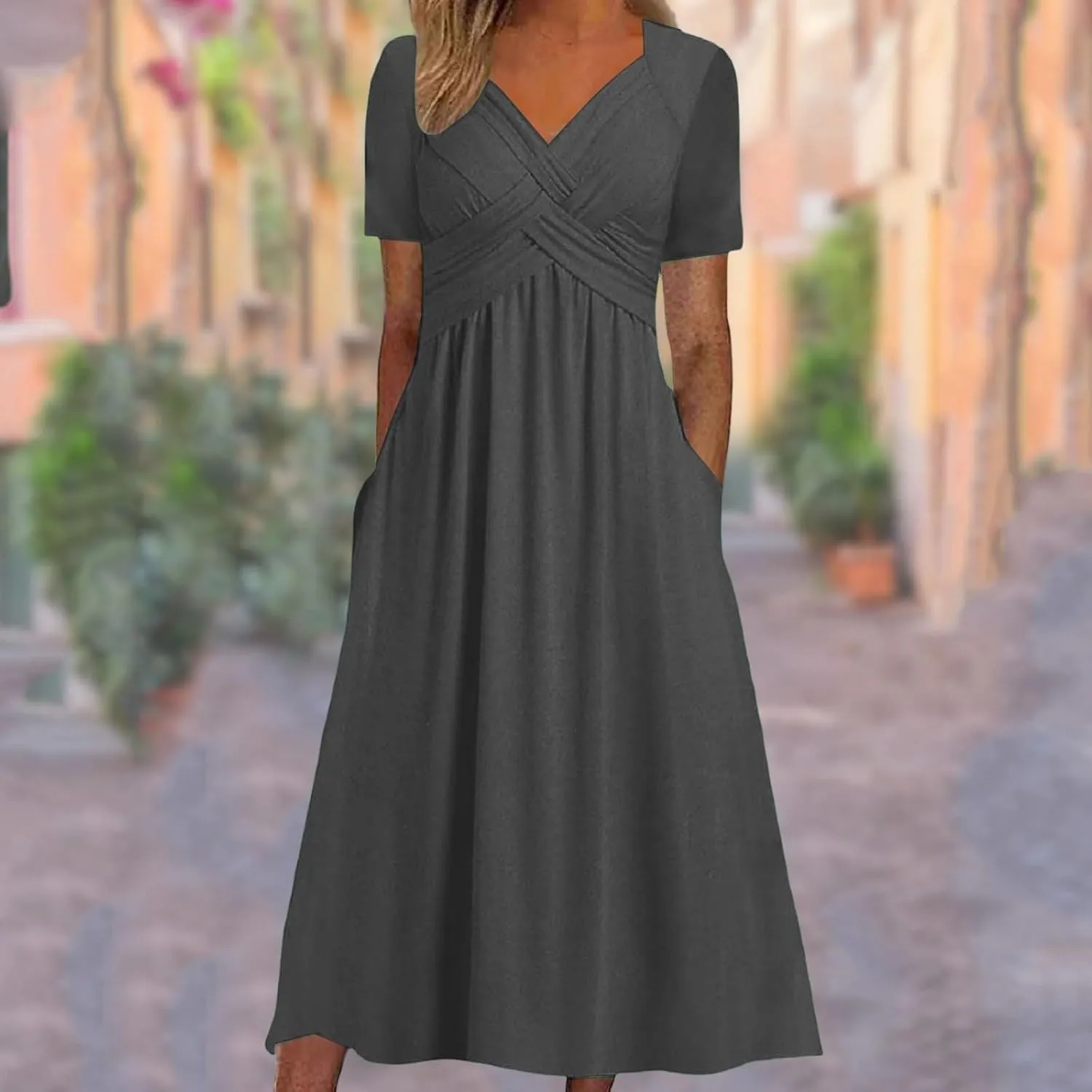Miyaomn Womens Beach Dresses for Wedding Guest Crisscross Twist Front V Neck Casual Short Sleeve Long Maxi Dress with Pockets