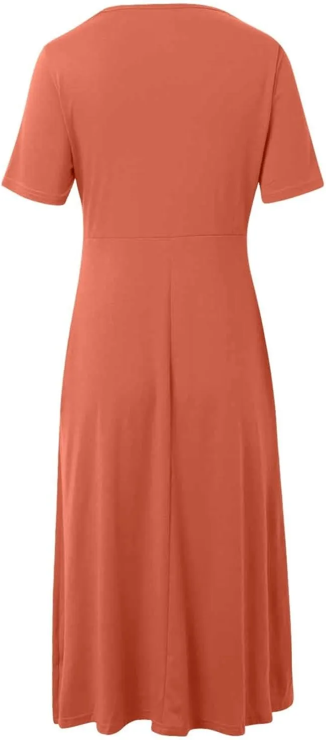 Miyaomn Womens Beach Dresses for Wedding Guest Crisscross Twist Front V Neck Casual Short Sleeve Long Maxi Dress with Pockets