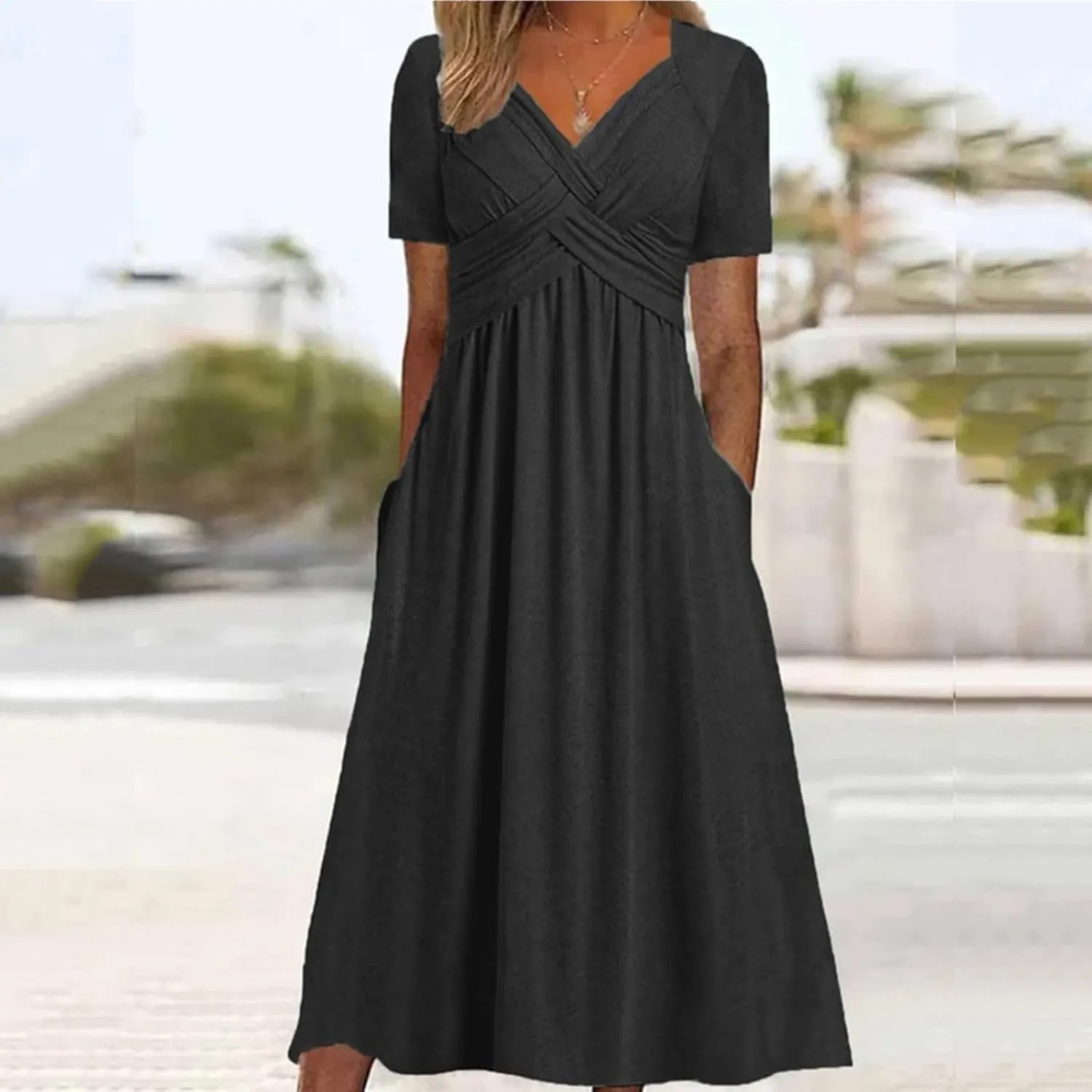 Miyaomn Womens Beach Dresses for Wedding Guest Crisscross Twist Front V Neck Casual Short Sleeve Long Maxi Dress with Pockets