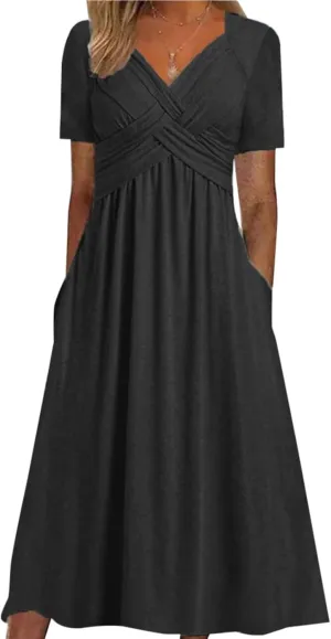 Miyaomn Womens Beach Dresses for Wedding Guest Crisscross Twist Front V Neck Casual Short Sleeve Long Maxi Dress with Pockets