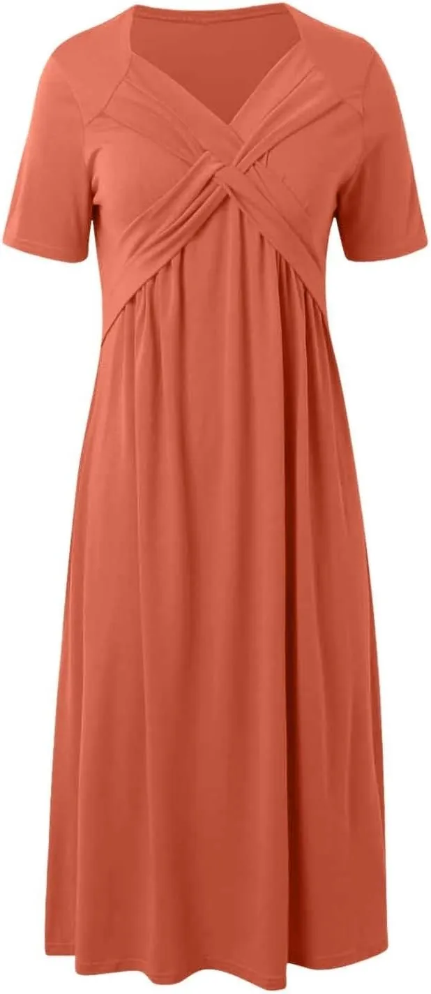 Miyaomn Womens Beach Dresses for Wedding Guest Crisscross Twist Front V Neck Casual Short Sleeve Long Maxi Dress with Pockets