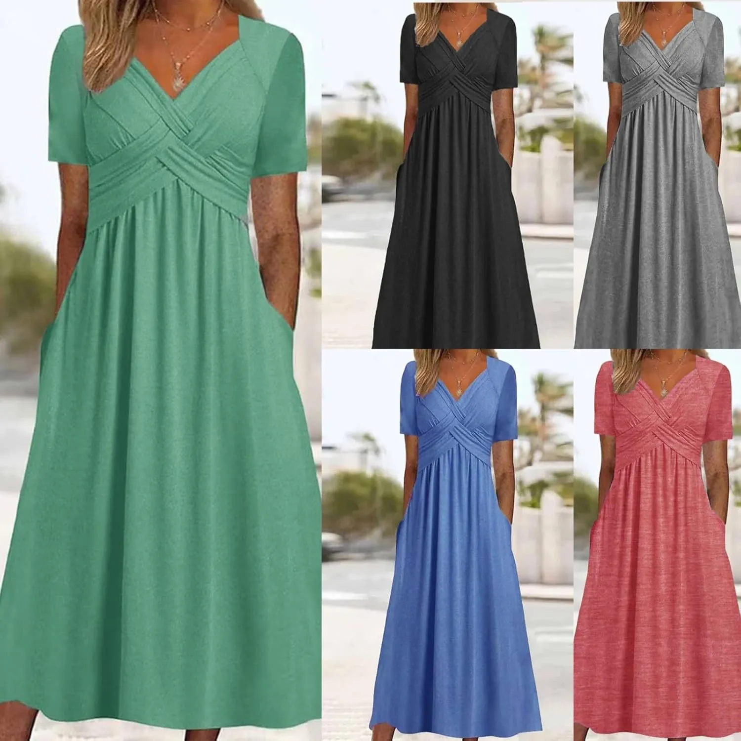 Miyaomn Womens Beach Dresses for Wedding Guest Crisscross Twist Front V Neck Casual Short Sleeve Long Maxi Dress with Pockets
