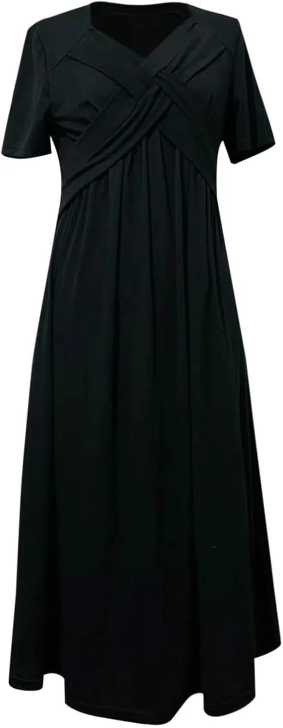 Miyaomn Womens Beach Dresses for Wedding Guest Crisscross Twist Front V Neck Casual Short Sleeve Long Maxi Dress with Pockets