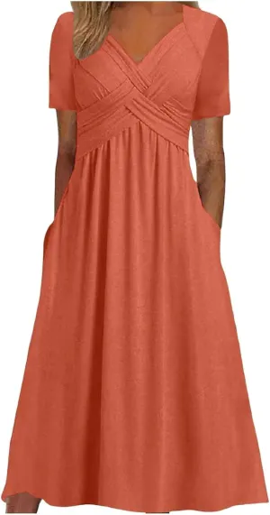 Miyaomn Womens Beach Dresses for Wedding Guest Crisscross Twist Front V Neck Casual Short Sleeve Long Maxi Dress with Pockets