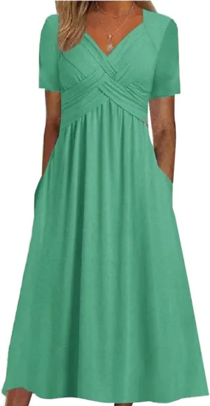 Miyaomn Womens Beach Dresses for Wedding Guest Crisscross Twist Front V Neck Casual Short Sleeve Long Maxi Dress with Pockets