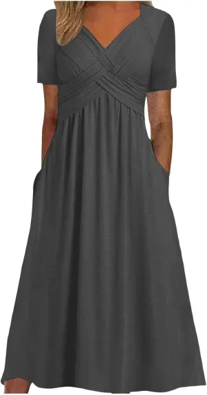 Miyaomn Womens Beach Dresses for Wedding Guest Crisscross Twist Front V Neck Casual Short Sleeve Long Maxi Dress with Pockets