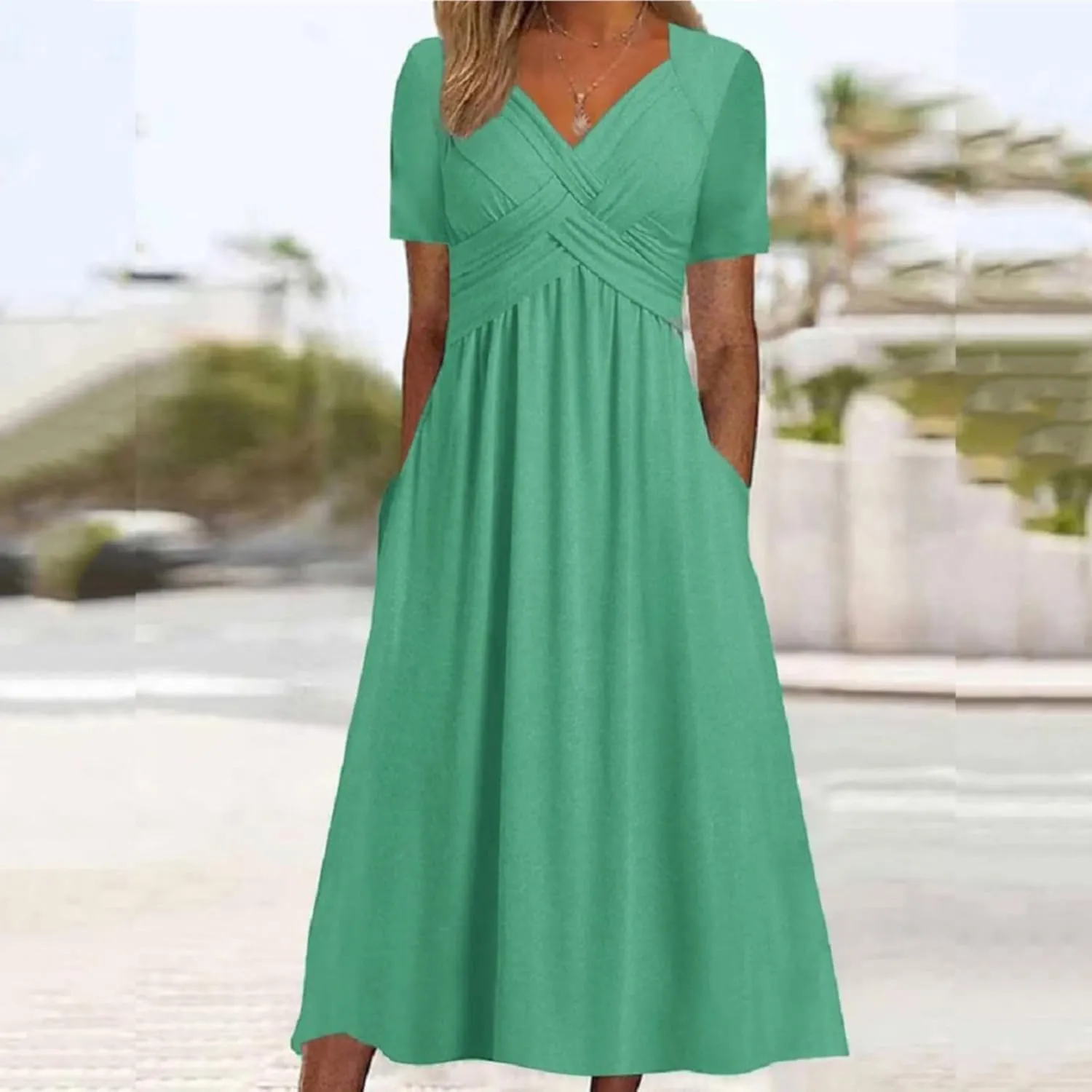 Miyaomn Womens Beach Dresses for Wedding Guest Crisscross Twist Front V Neck Casual Short Sleeve Long Maxi Dress with Pockets