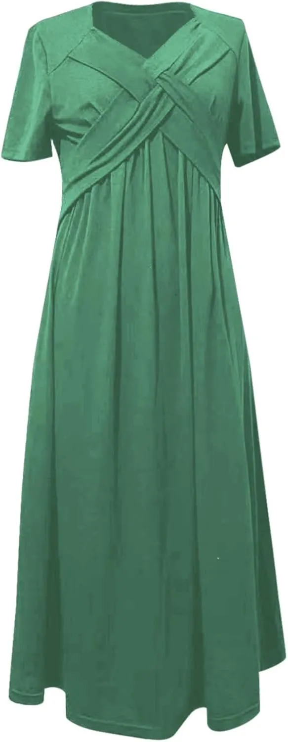 Miyaomn Womens Beach Dresses for Wedding Guest Crisscross Twist Front V Neck Casual Short Sleeve Long Maxi Dress with Pockets
