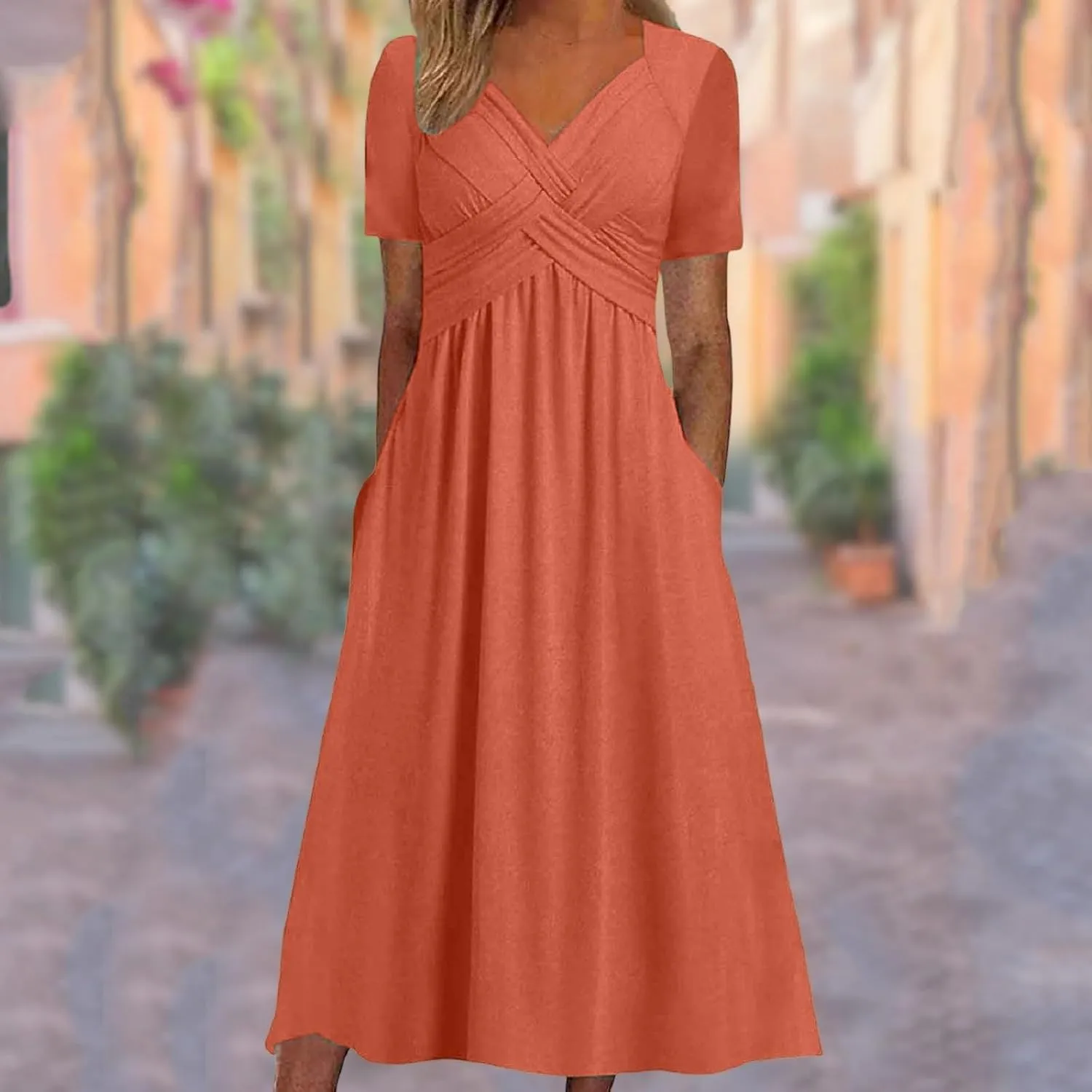 Miyaomn Womens Beach Dresses for Wedding Guest Crisscross Twist Front V Neck Casual Short Sleeve Long Maxi Dress with Pockets