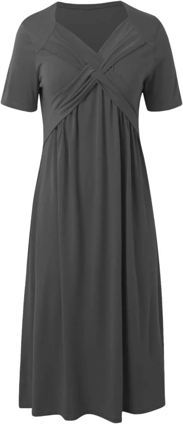 Miyaomn Womens Beach Dresses for Wedding Guest Crisscross Twist Front V Neck Casual Short Sleeve Long Maxi Dress with Pockets