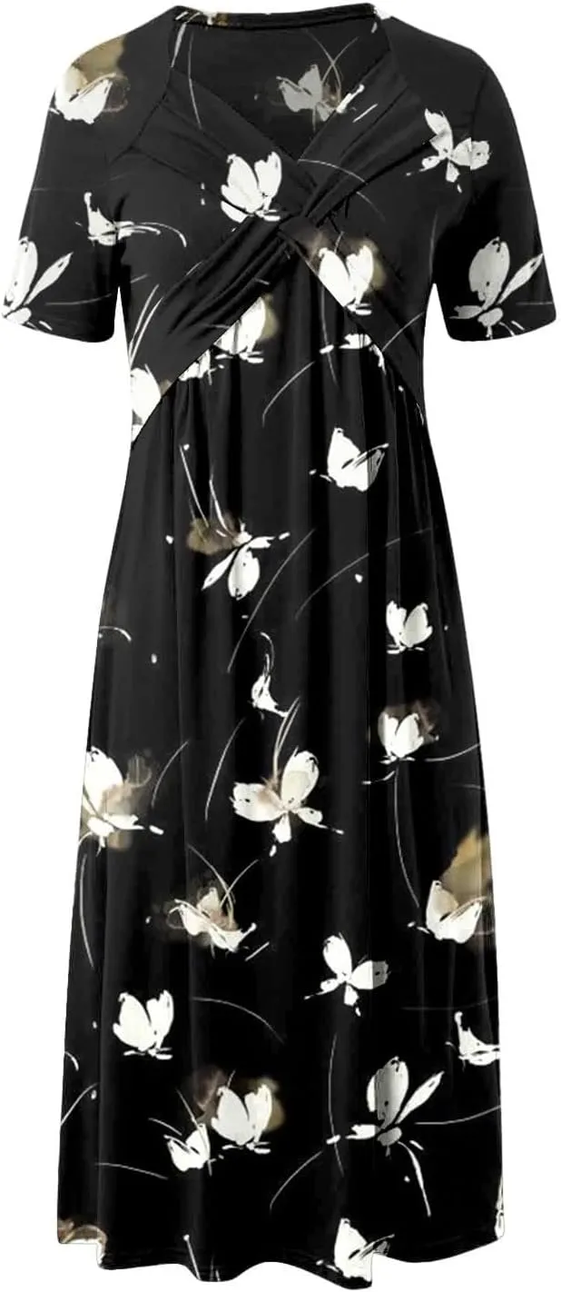 Miyaomn Womens Beach Dresses for Wedding Guest Crisscross Twist Front V Neck Casual Short Sleeve Long Maxi Dress with Pockets