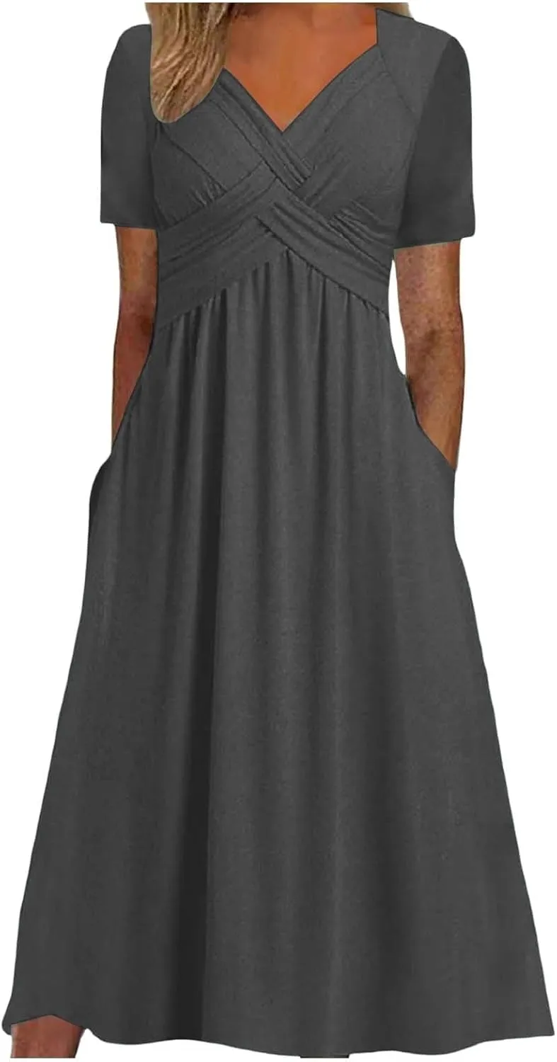 Miyaomn Womens Beach Dresses for Wedding Guest Crisscross Twist Front V Neck Casual Short Sleeve Long Maxi Dress with Pockets