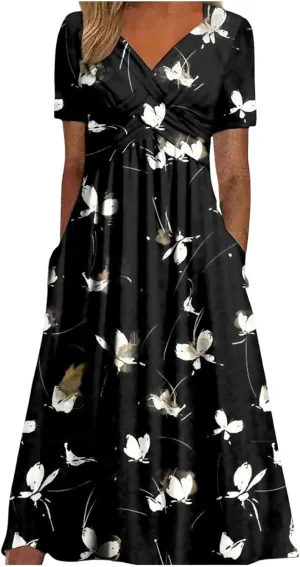 Miyaomn Womens Beach Dresses for Wedding Guest Crisscross Twist Front V Neck Casual Short Sleeve Long Maxi Dress with Pockets