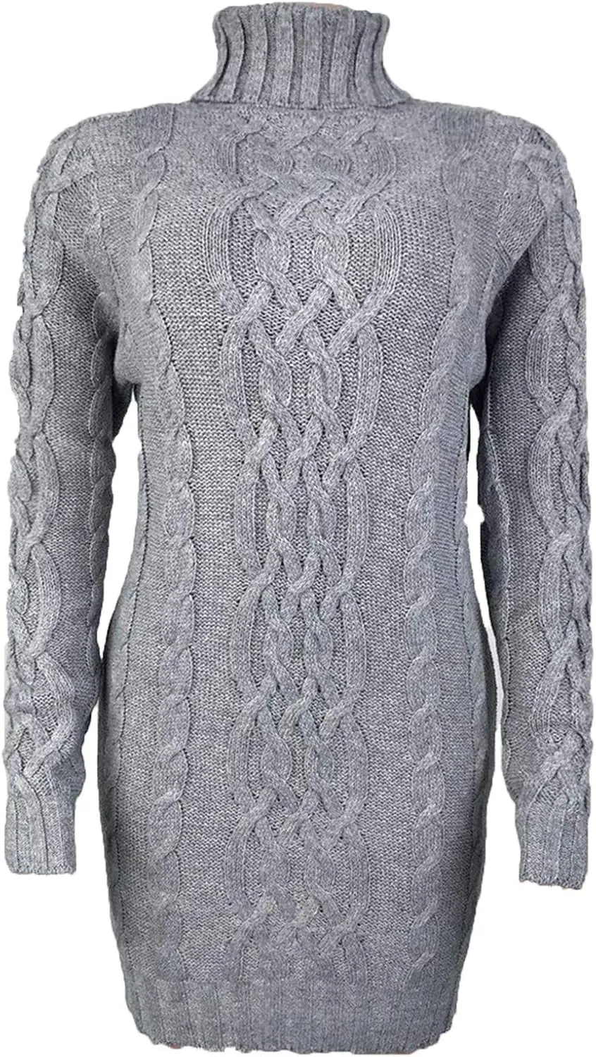 Miyaomn Women's Cable Knitted Sweater Dress Sexy Long Sleeve Bodycon Turtleneck Mini Dress Casual Fall Tunic Pullover Dresses