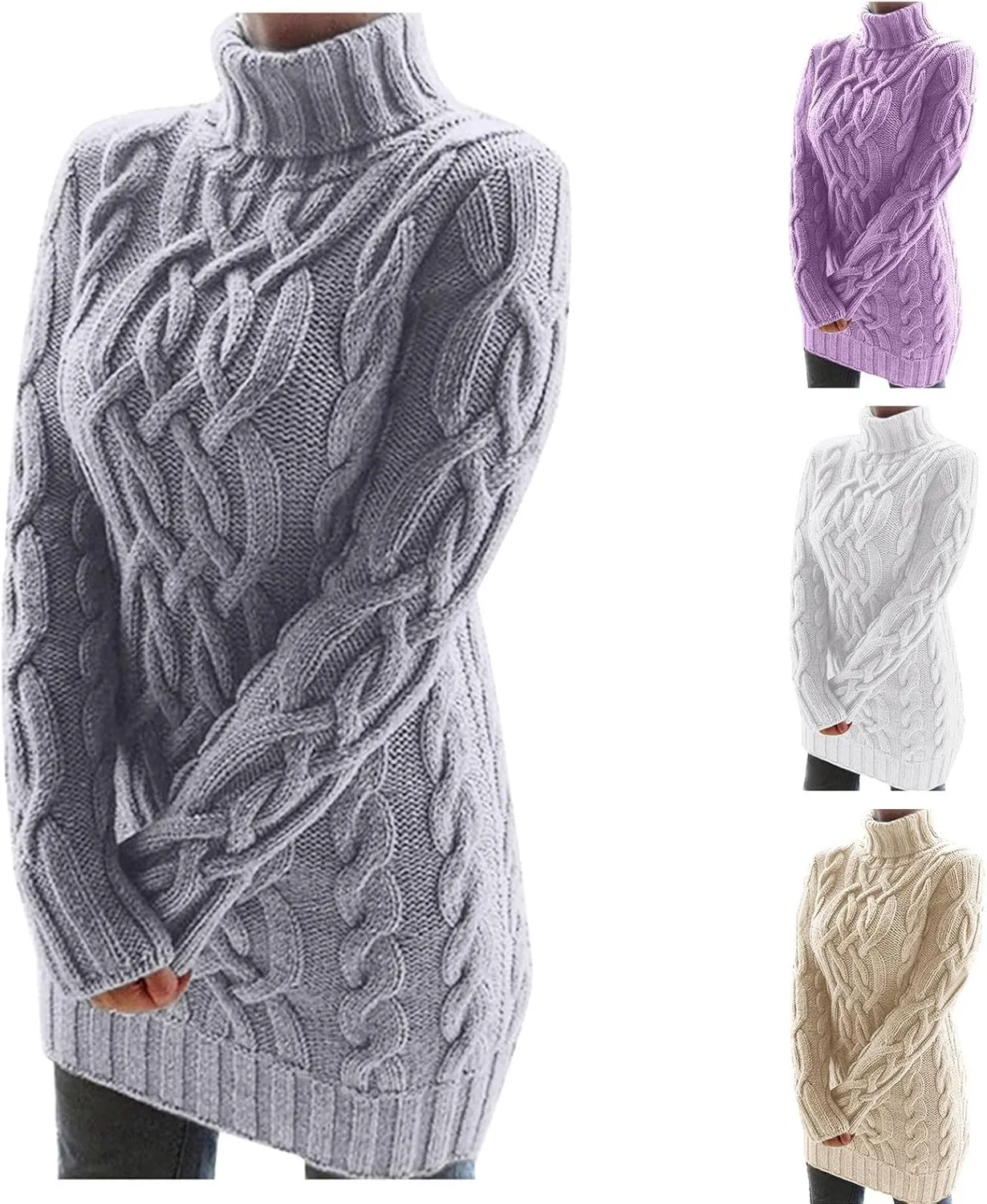 Miyaomn Women's Cable Knitted Sweater Dress Sexy Long Sleeve Bodycon Turtleneck Mini Dress Casual Fall Tunic Pullover Dresses