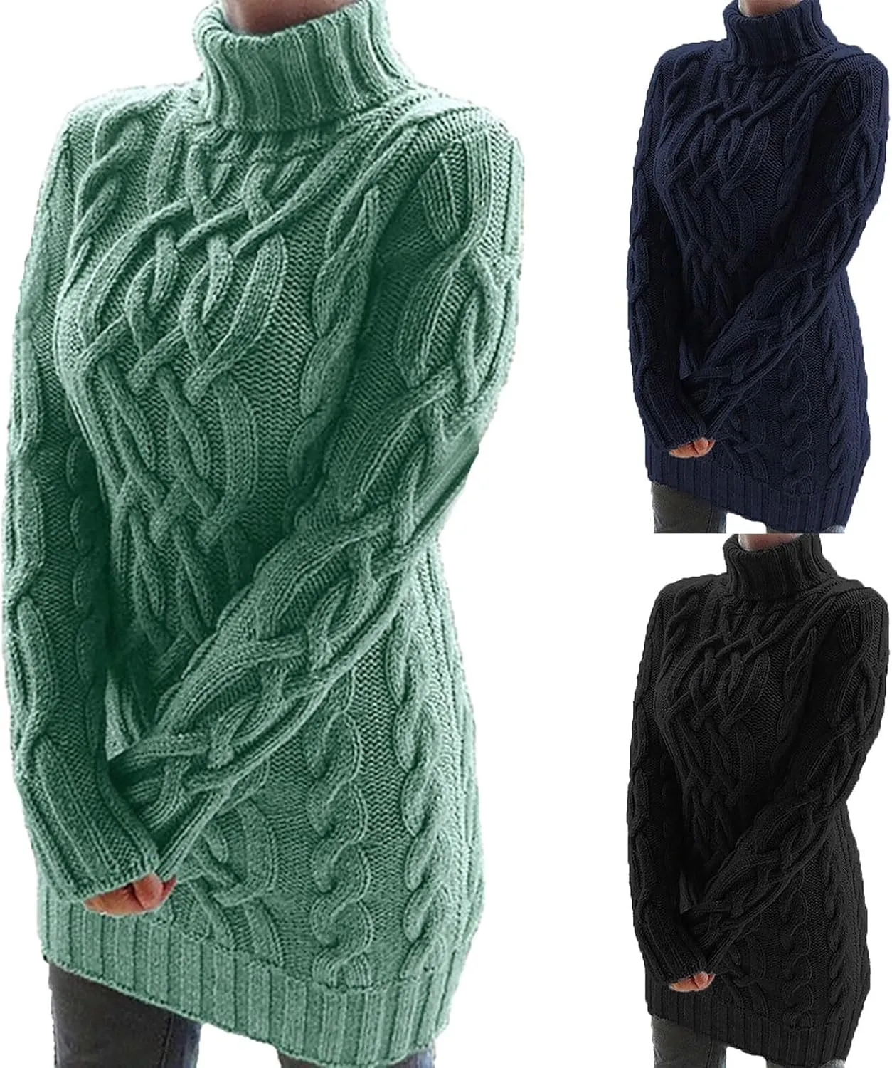Miyaomn Women's Cable Knitted Sweater Dress Sexy Long Sleeve Bodycon Turtleneck Mini Dress Casual Fall Tunic Pullover Dresses