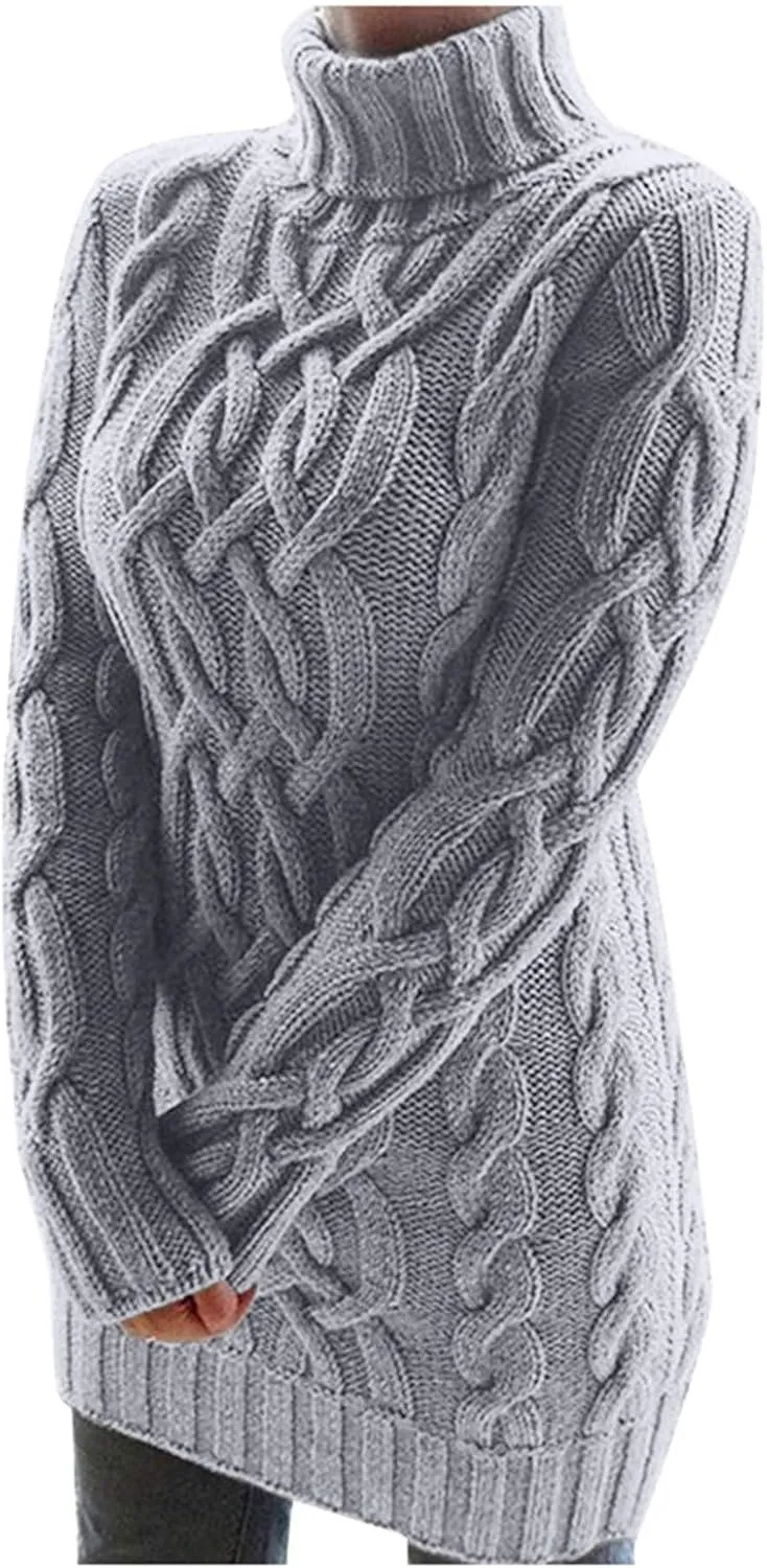 Miyaomn Women's Cable Knitted Sweater Dress Sexy Long Sleeve Bodycon Turtleneck Mini Dress Casual Fall Tunic Pullover Dresses