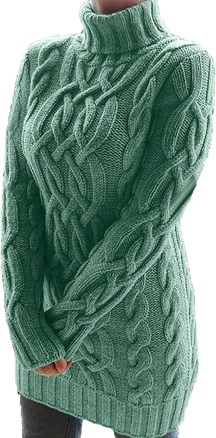 Miyaomn Women's Cable Knitted Sweater Dress Sexy Long Sleeve Bodycon Turtleneck Mini Dress Casual Fall Tunic Pullover Dresses