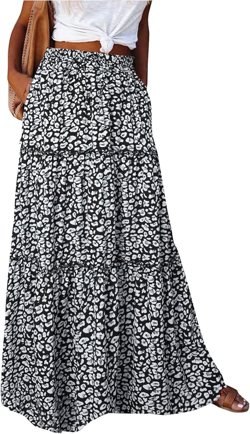 NBXNZWF Long Skirts for Women Casual Elastic High Waist A Line Ruffle Pleated Beach Skirt Flowy Swing Maxi Skirt with Pockets