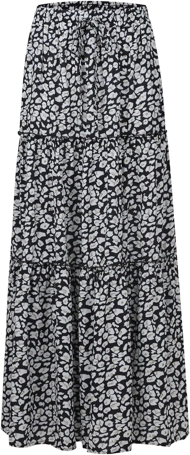NBXNZWF Long Skirts for Women Casual Elastic High Waist A Line Ruffle Pleated Beach Skirt Flowy Swing Maxi Skirt with Pockets