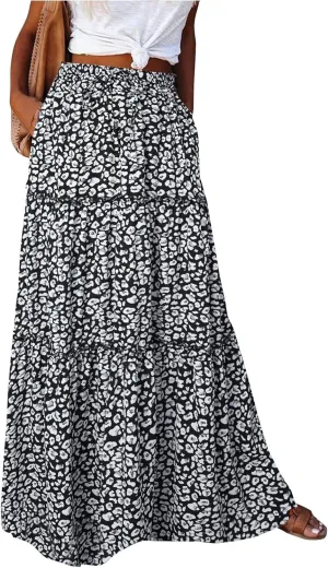 NBXNZWF Long Skirts for Women Casual Elastic High Waist A Line Ruffle Pleated Beach Skirt Flowy Swing Maxi Skirt with Pockets