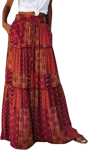 NBXNZWF Long Skirts for Women Casual Elastic High Waist A Line Ruffle Pleated Beach Skirt Flowy Swing Maxi Skirt with Pockets
