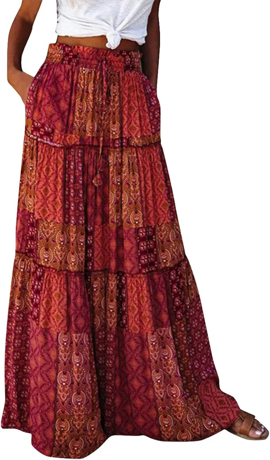 NBXNZWF Long Skirts for Women Casual Elastic High Waist A Line Ruffle Pleated Beach Skirt Flowy Swing Maxi Skirt with Pockets