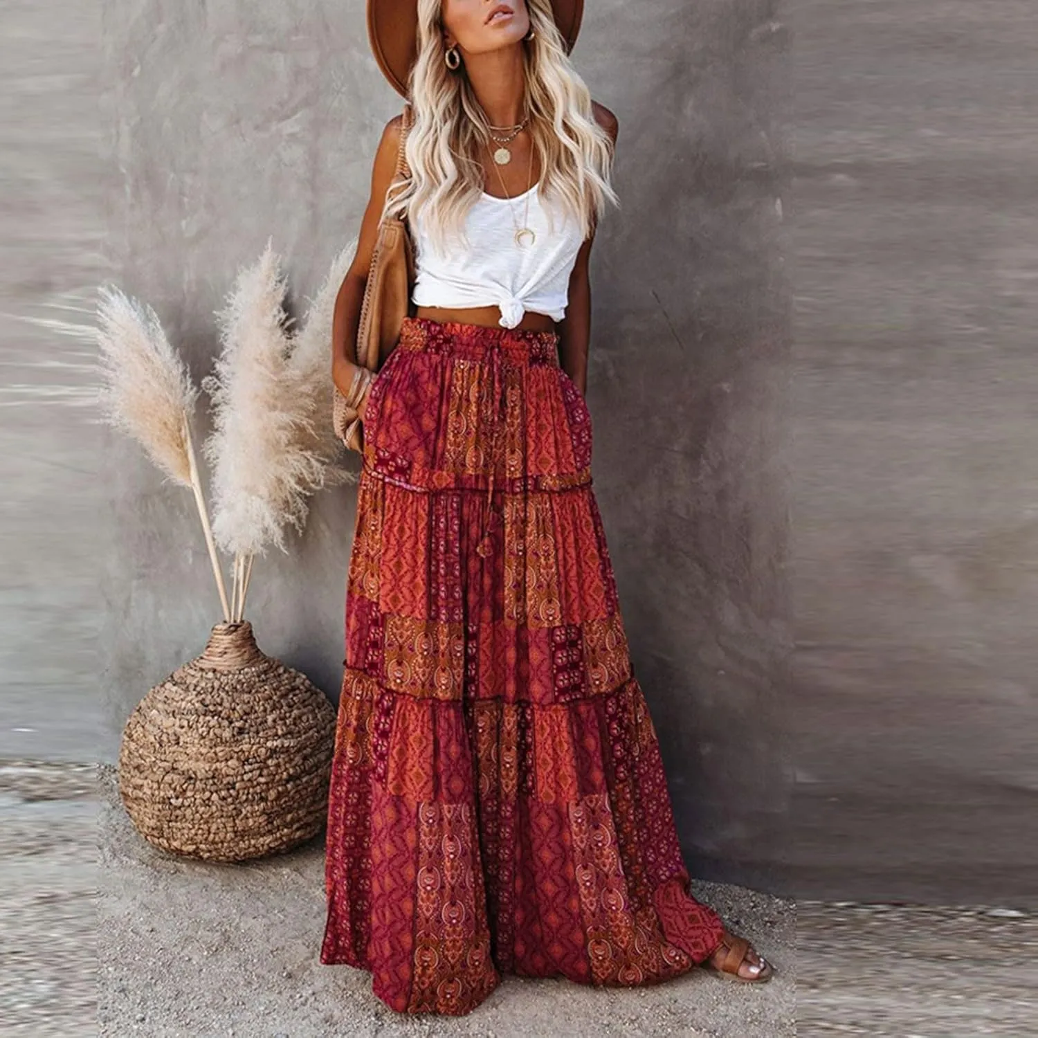 NBXNZWF Long Skirts for Women Casual Elastic High Waist A Line Ruffle Pleated Beach Skirt Flowy Swing Maxi Skirt with Pockets