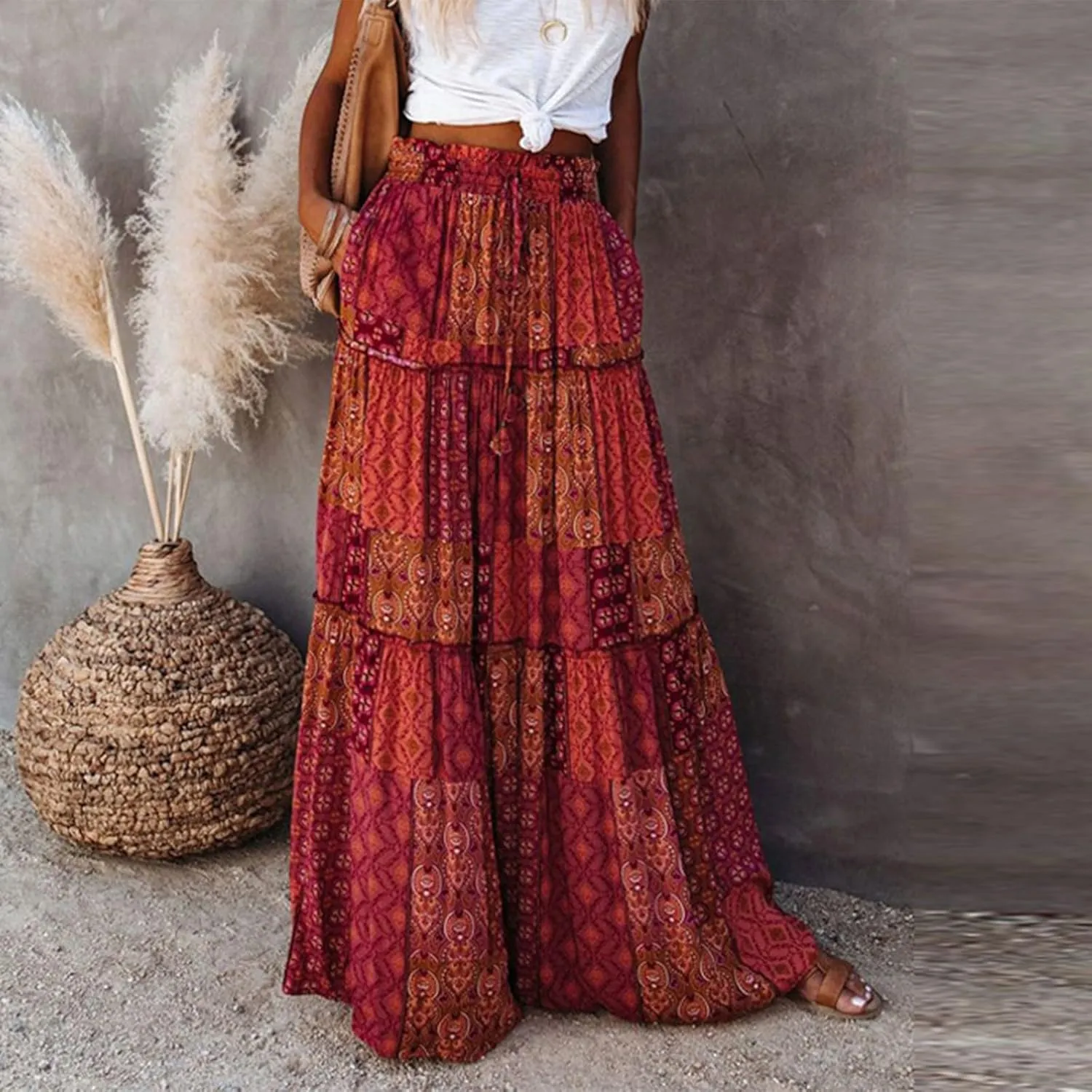NBXNZWF Long Skirts for Women Casual Elastic High Waist A Line Ruffle Pleated Beach Skirt Flowy Swing Maxi Skirt with Pockets
