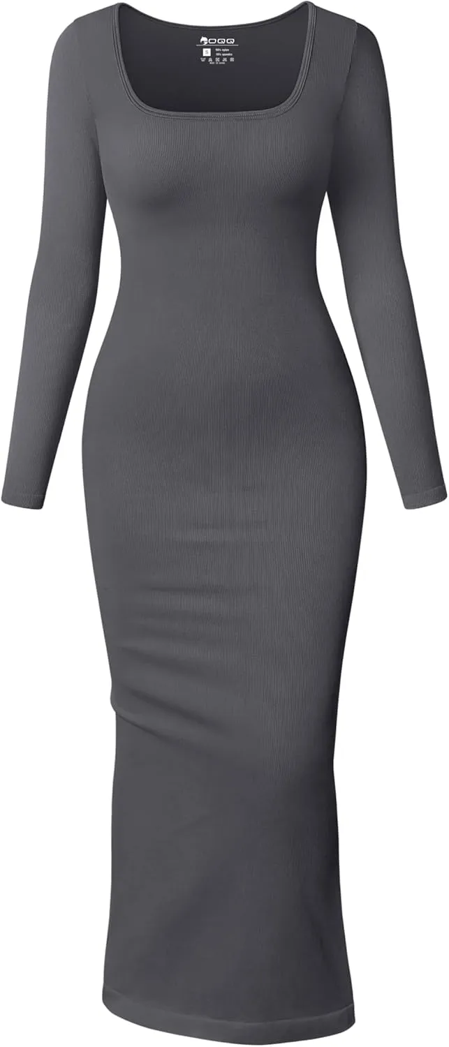 OQQ Women's Long Sleeve Maxi Dress Square Neck Ribbed Bodycon Lounge Soft Dresses