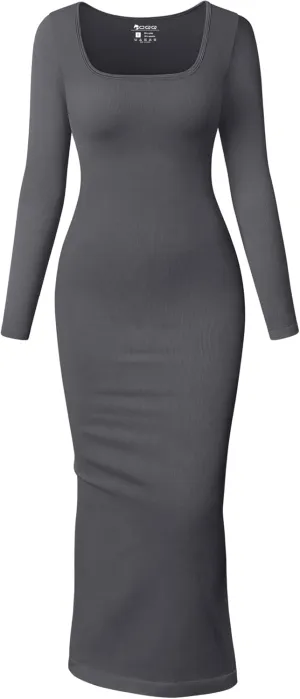 OQQ Women's Long Sleeve Maxi Dress Square Neck Ribbed Bodycon Lounge Soft Dresses