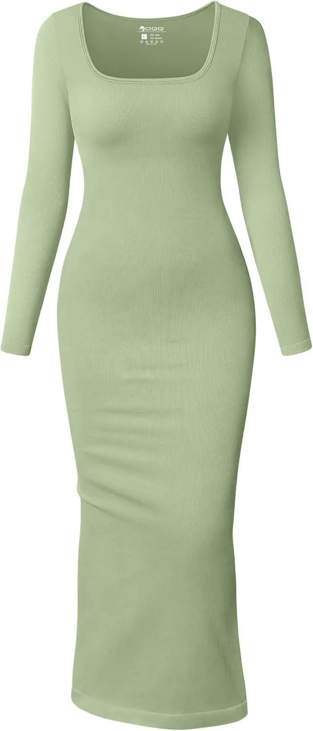 OQQ Women's Long Sleeve Maxi Dress Square Neck Ribbed Bodycon Lounge Soft Dresses