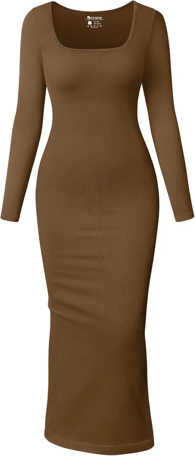 OQQ Women's Long Sleeve Maxi Dress Square Neck Ribbed Bodycon Lounge Soft Dresses