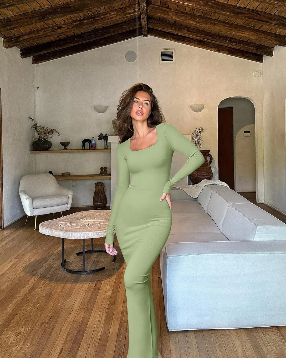 OQQ Women's Long Sleeve Maxi Dress Square Neck Ribbed Bodycon Lounge Soft Dresses