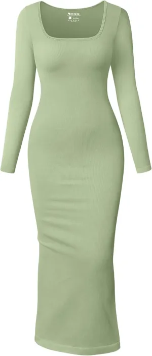 OQQ Women's Long Sleeve Maxi Dress Square Neck Ribbed Bodycon Lounge Soft Dresses
